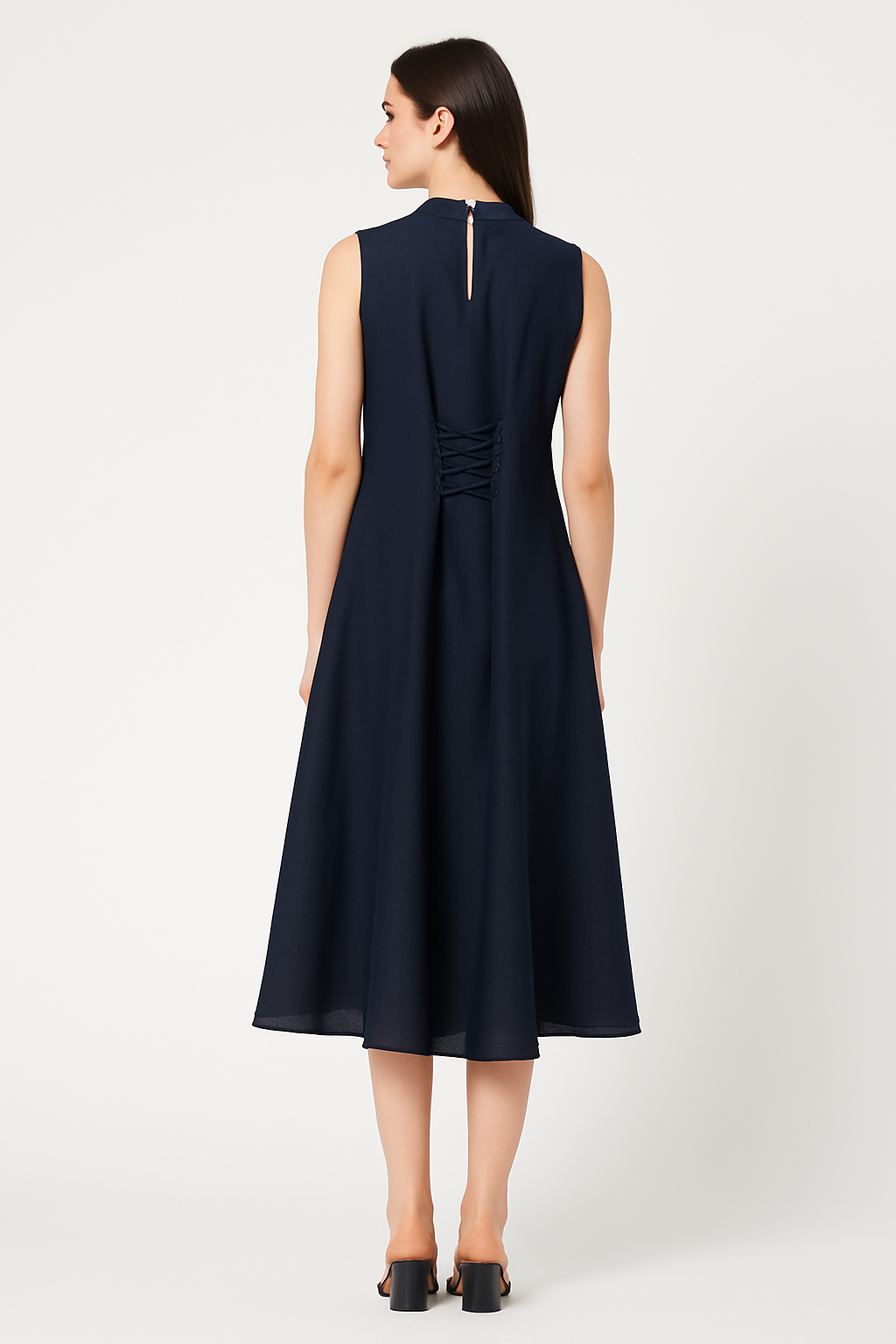 Women’s Navy Blue A-Line Sleeveless Midi Dress with Side Appliqué and Back Tie-Up