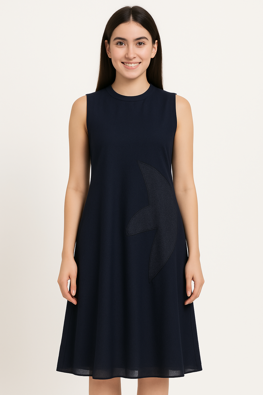 Women’s Navy Blue A-Line Sleeveless Midi Dress with Side Appliqué and Back Tie-Up
