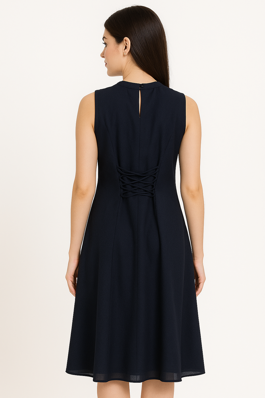 Women’s Navy Blue A-Line Sleeveless Midi Dress with Side Appliqué and Back Tie-Up
