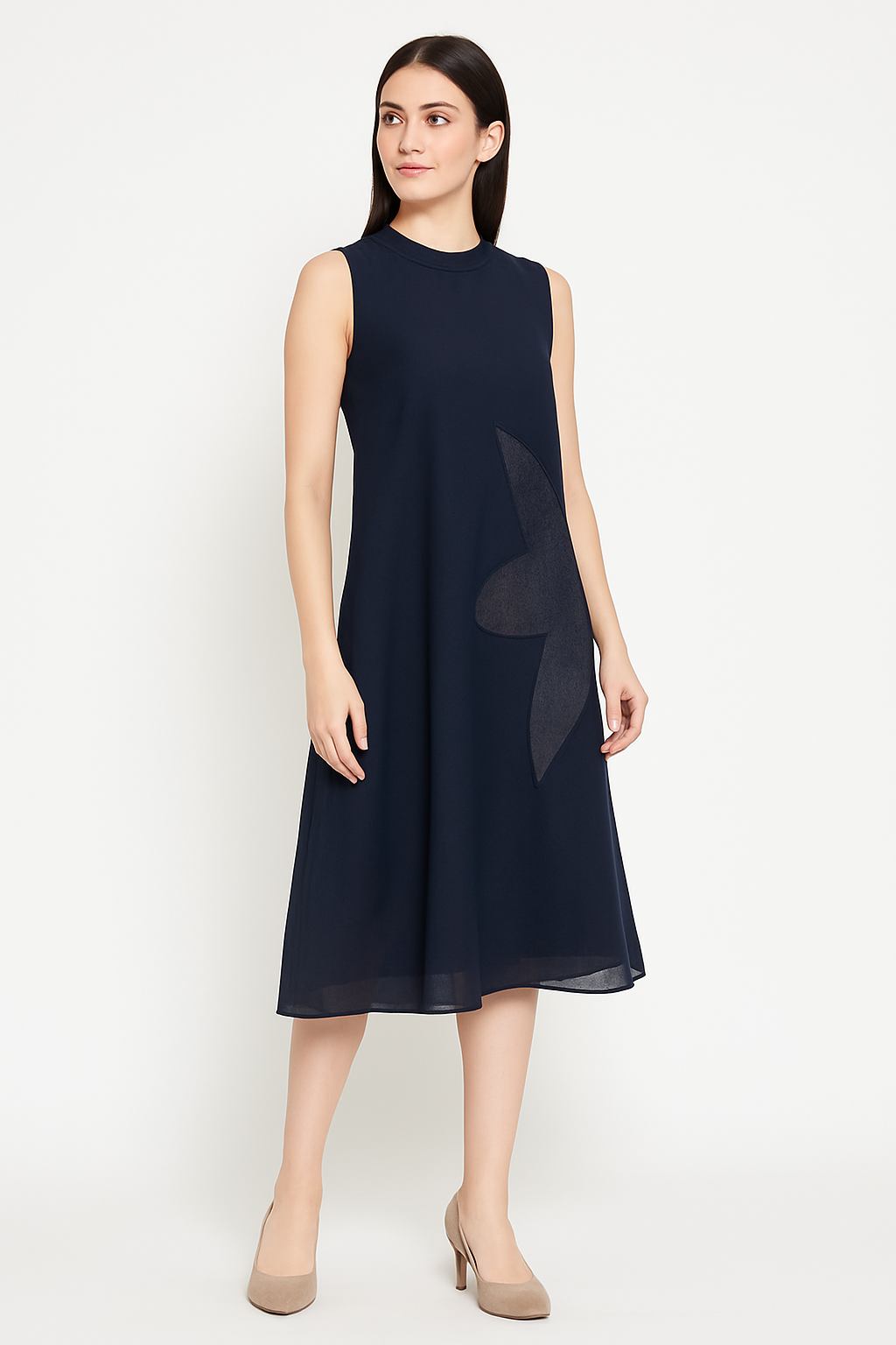 Women’s Navy Blue A-Line Sleeveless Midi Dress with Side Appliqué and Back Tie-Up