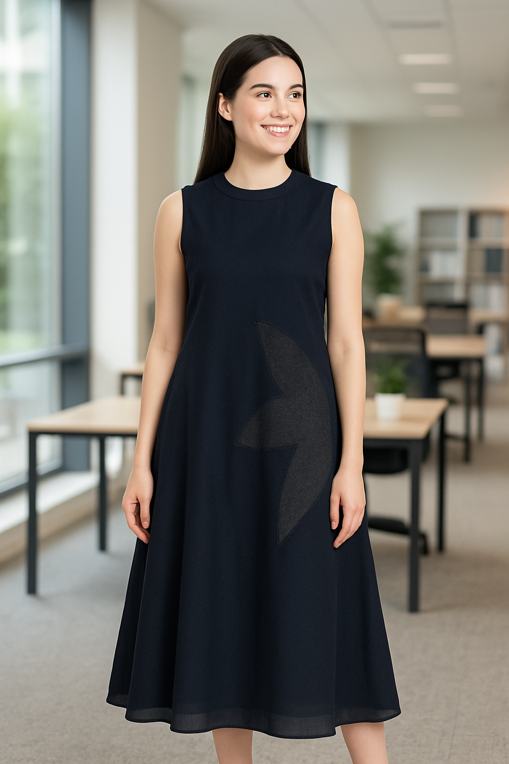 Women’s Navy Blue A-Line Sleeveless Midi Dress with Side Appliqué and Back Tie-Up